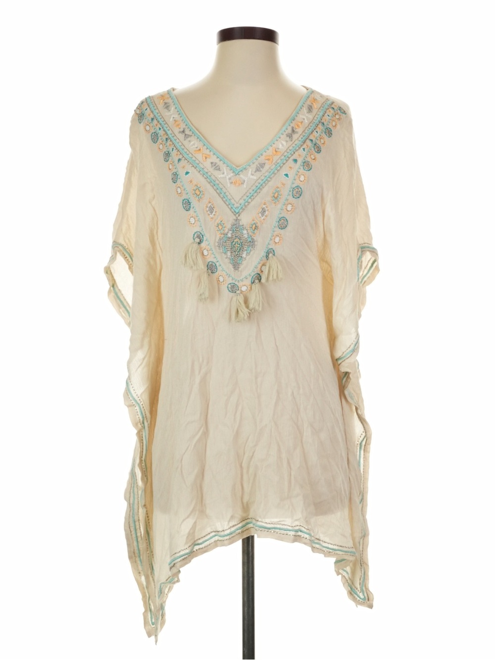 New POL Embroidered Beaded With Fringe Detail Semi Sheer Blouse• Small